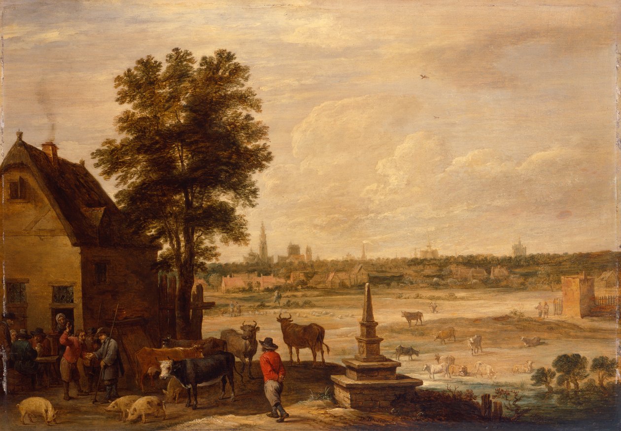 Bønder gør et godt køb om salg af en gris på grænsen til byen Antwerpen (olie på panel) af David Teniers the Younger
