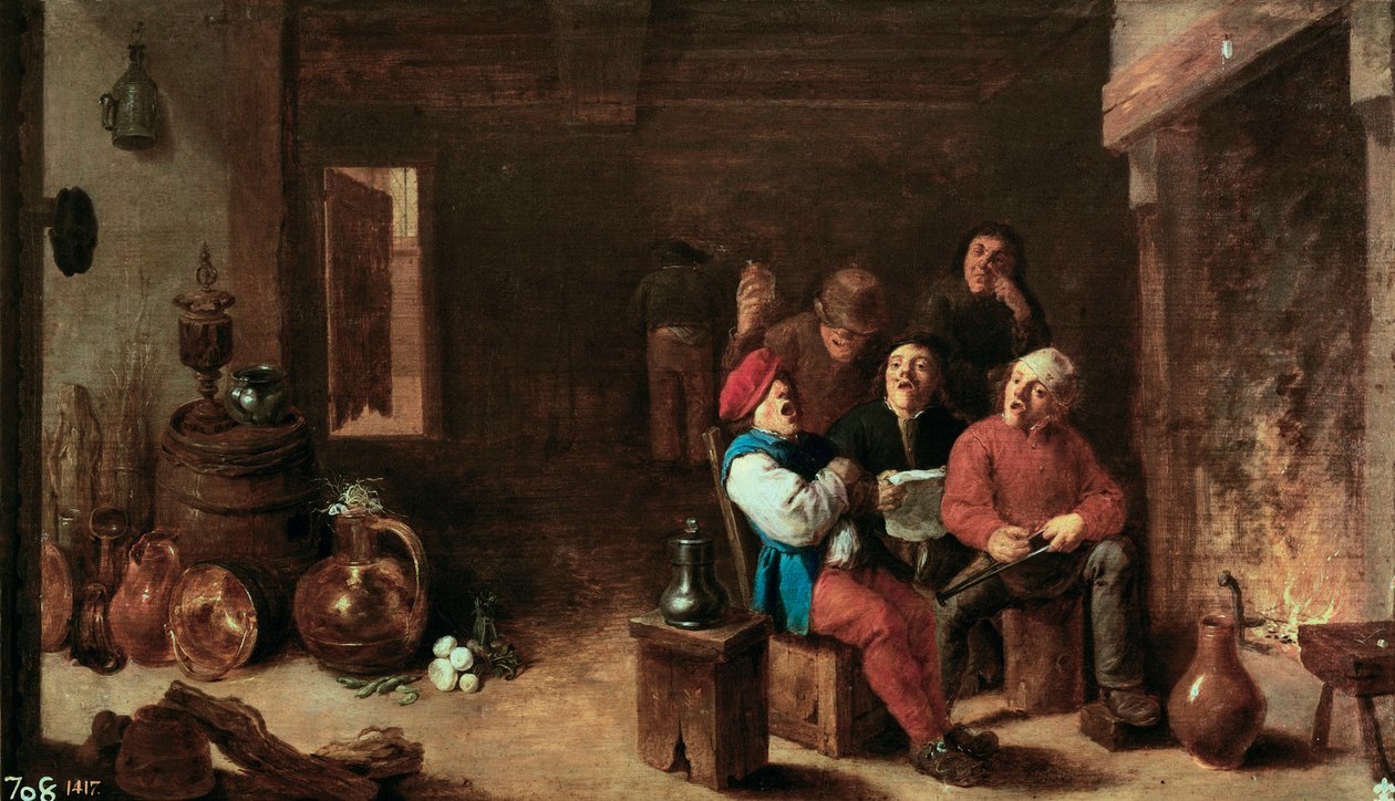 Sang i køkkenet. Maleri af David Teniers II den Unge (1610-1690). Olie på træ, ca. 1633, flamsk kunst. Prado-museet, Madrid. af David Teniers the Younger