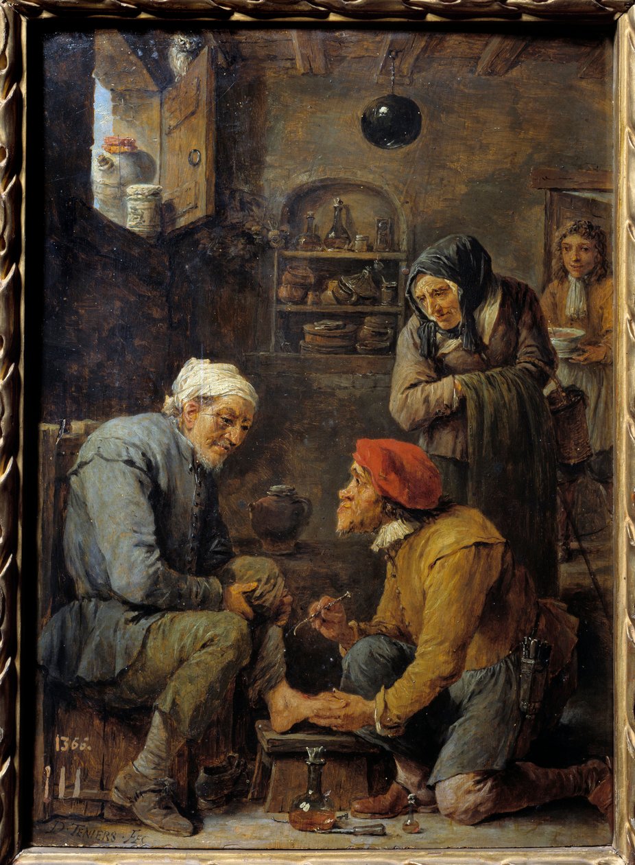Operation En mand blev pågrebet for at åbne patientens fod. Maleri af David Teniers II den unge (1610-1690) 1600-tallets søn. 0,33x0,25 m Madrid, Prado Museum af David Teniers the Younger