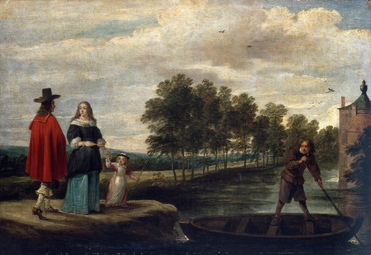 Kunstneren, hans kone og barn ved graven i hans palæ, Perck (olie på lærred) af David Teniers the Younger