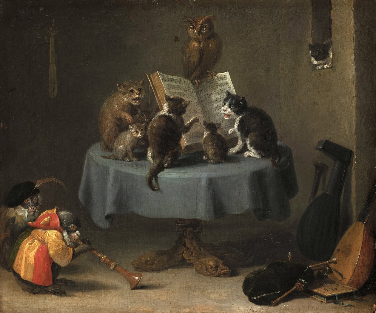 The Concert of Cats par Teniers, David, the Younger (1610-1690). Olie på træ, størrelse: 26x31,5 af David Teniers the Younger