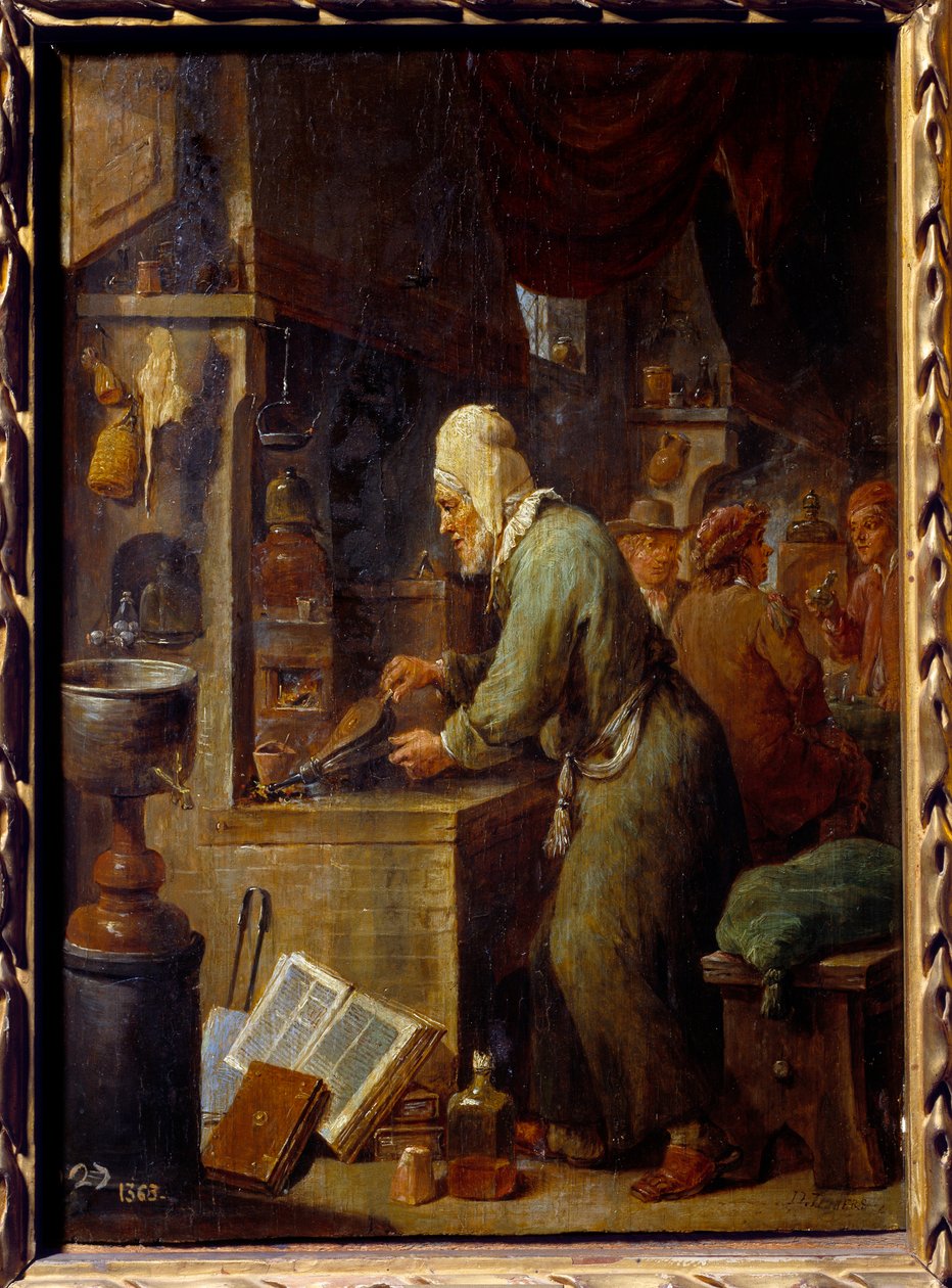 Alkymisten. Maleri af David Teniers II The Young (1610-1690) Ec. Flam af David Teniers the Younger