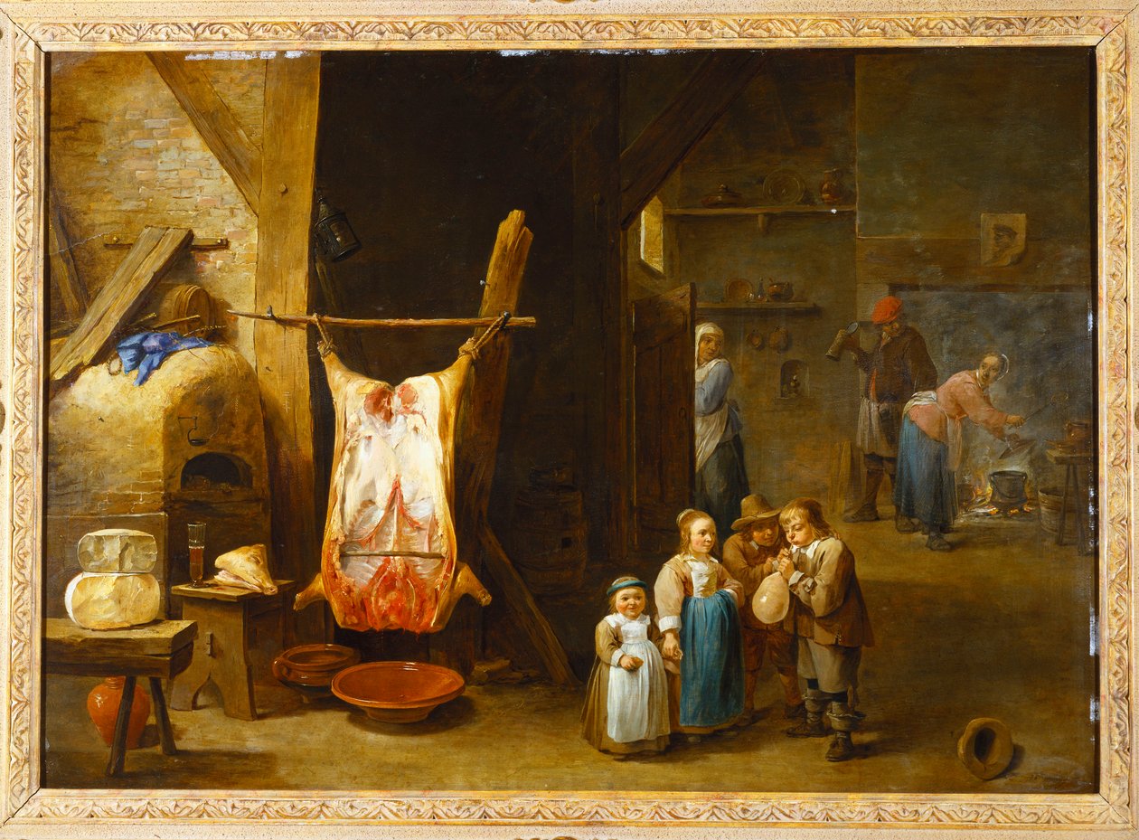 Interiøret i en bondehytte med en grises krop og en dreng, der puster en blære op, 1646 af David Teniers the Younger