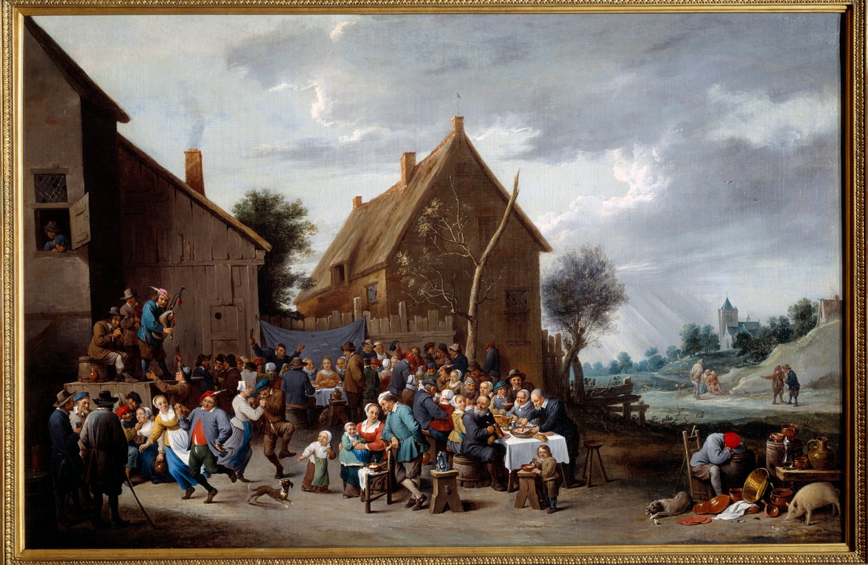 Landsbyens bryllup. Maleri tilskrevet David Teniers II dit Le Jeune (1610-1690) Ec. Flam. af David Teniers the Younger