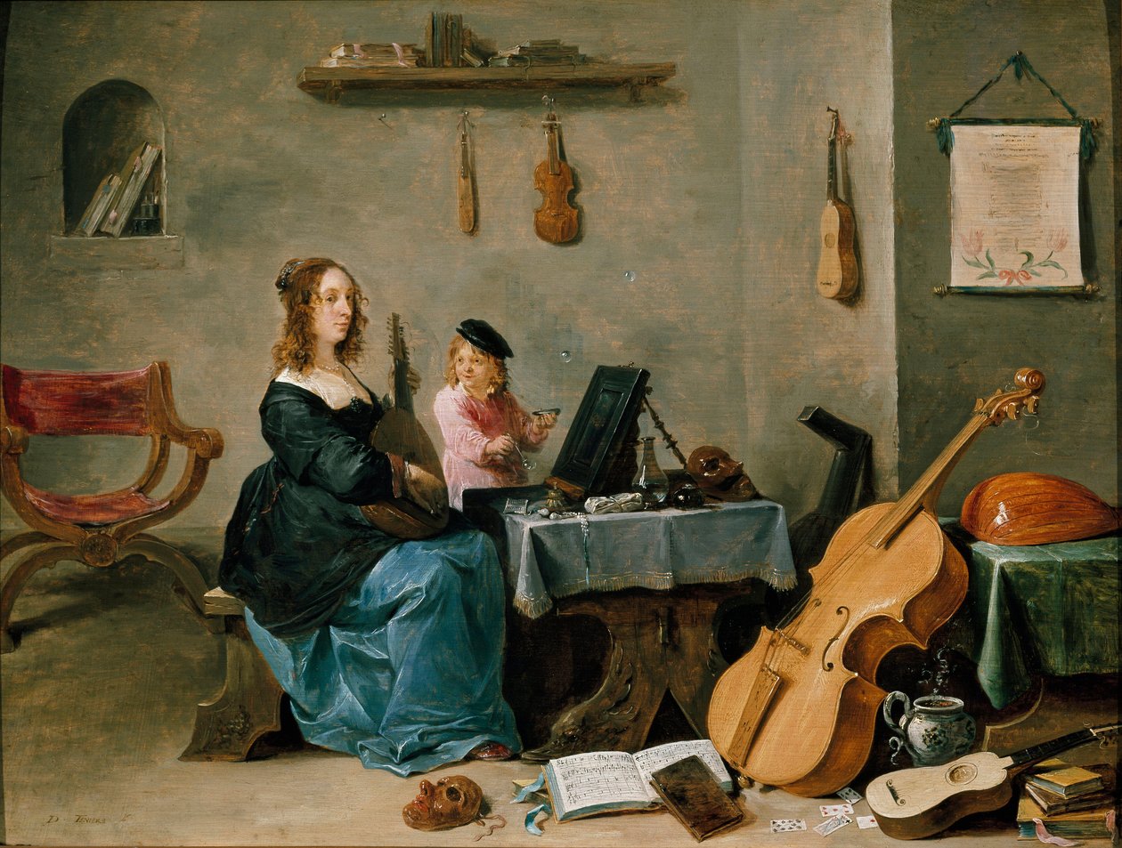 Konen og søn af maleren Portræt af kunstnerens familie, den unge kvinde spiller musik i et rum fyldt med instrumenter, mens barnet laver sæbebobler. Maleri af David Teniers den Unge (1610-1690) Turin Galleria Sabauda Italien fra det 17. århundrede af David Teniers the Younger