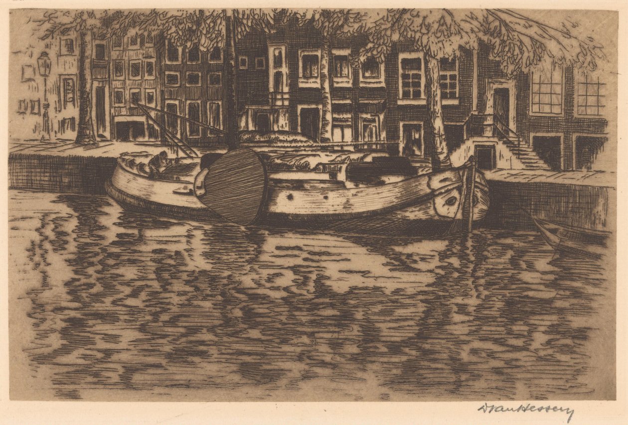 Kanal med fortøjet sejlbåd af David van Hessen (signed by artist)