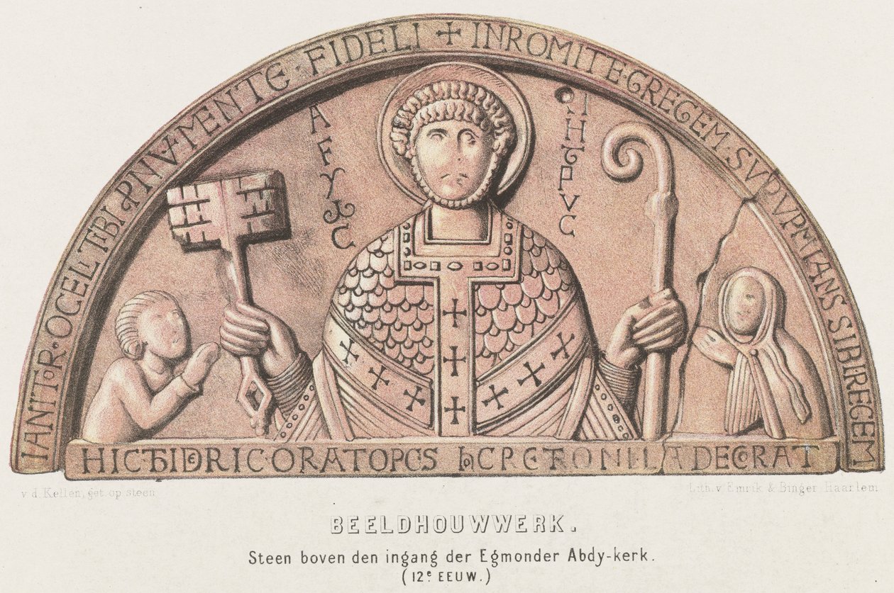 Tympaan van Egmond: buetromme med Petrus, grev Dirk VI af Holland og hans mor grevinde Petronella, ca. 1120 Skulptur. Sten over indgangen til Egmonder Abdy kirke (1100-tallet) (titel på objekt) af David van der Kellen