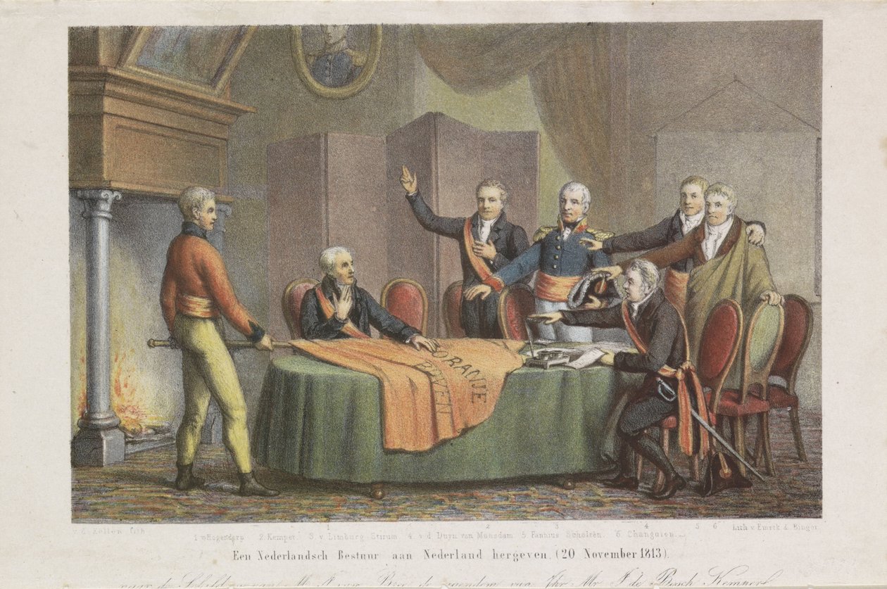 Accept af den høje regeringstid af triumviratet i prinsen af ​​Oranges navn, 21. november 1813 Gendan en hollandsk regering til Holland. (20. november 1813) (titel på objekt) af David van der Kellen