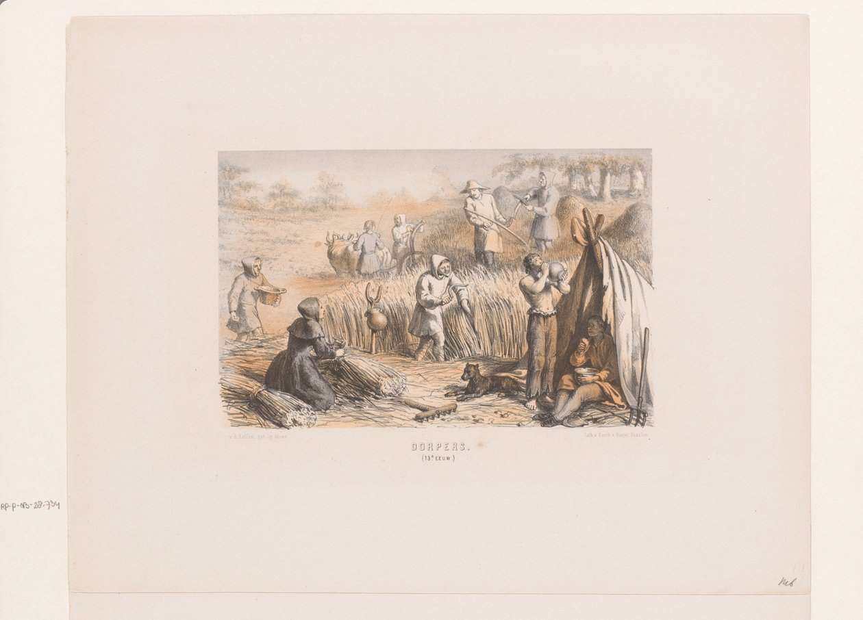 Høst på markerne, 1200-tallet landsbyboere. (1200-tallet) (titel på objekt) af David van der Kellen