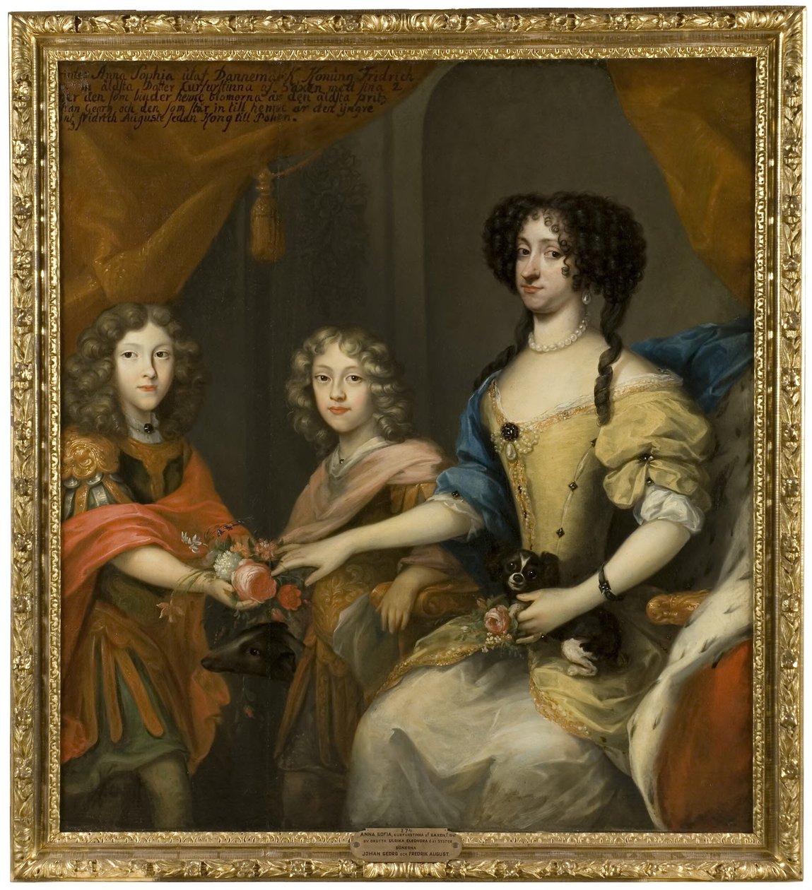 Anna Sofia, 1647–1717, prinsesse af Danmark, kurfyrstinde af Sachsen, hendes sønner Johann Georg IV, 1668–1697, kurfyrste af Sachsen, Friedrich August I / August II den Stærke, 1670–1733, kurfyrste af Sachsen, konge af Polen af David von Krafft