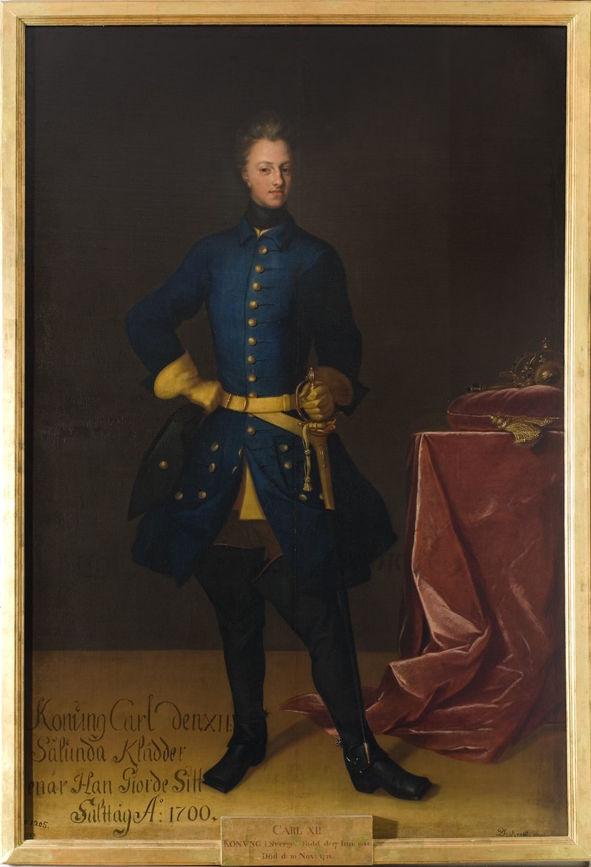 Charles XII, roi de Suede - Portræt af kong Karl XII af Sverige (1682-1718), af Krafft, David, von (1655-1724). Olie på lærred. Mål: 249x165 cm. Nationalmuseum Stockholm af David von Krafft