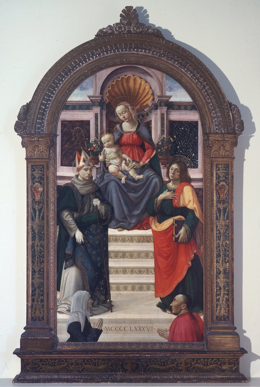 Madonna og barnet med Sankt Louis af Toulouse, Johannes Evangelisten og donorer af Davide Ghirlandaio