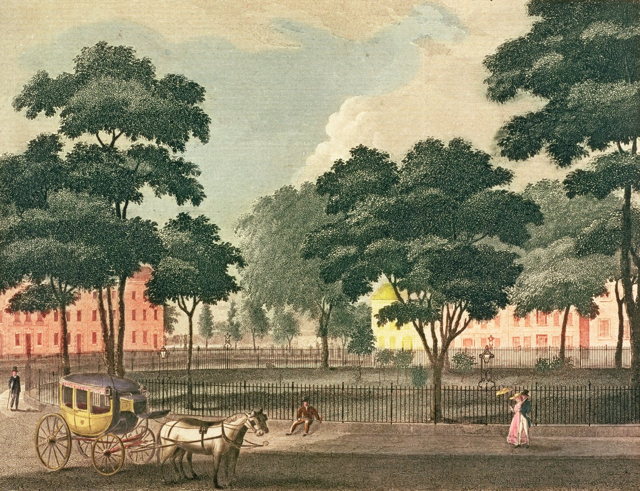 Udsigt over Bowling-Green, Broadway, tegnet og indgraveret til New York Mirror, 1830 (farvegravering) af Davis