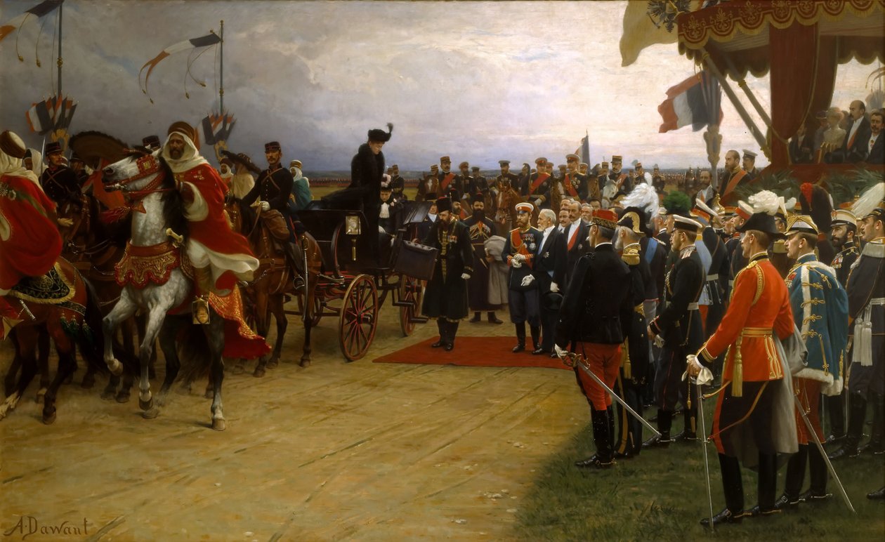 Præsident Emile Loubet byder zar Nicolas II og tsarina Alexandra velkommen til manøvrerne i Betheny, af Dawant