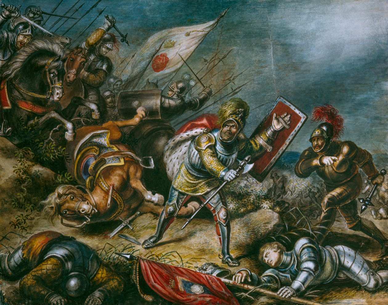 Et maleri forestiller Richard III, der kæmper til fods på Bosworth Field. Kunstværk. af Dean Conger