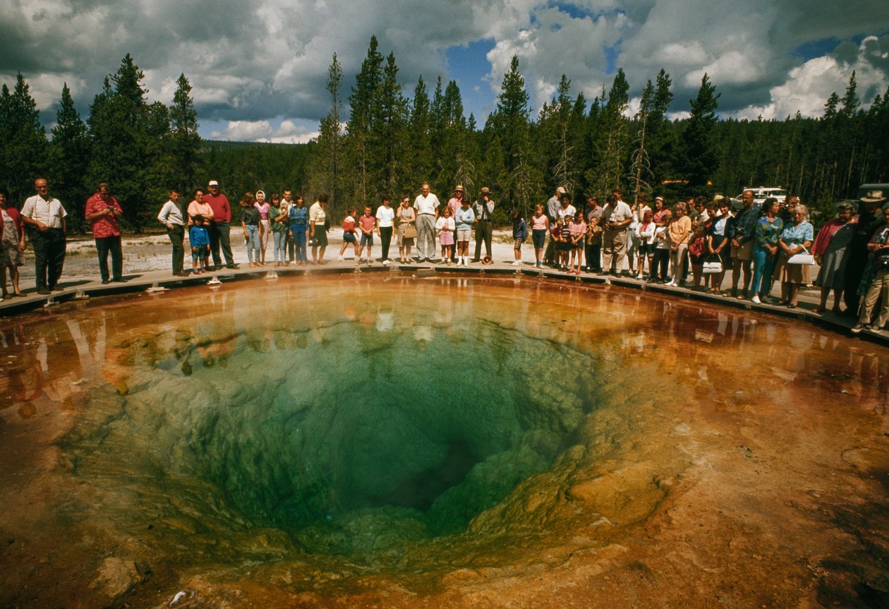 Parkens besøgende samles omkring en blågrøn, blomsterformet termisk pool. Yellowstone Nati... af Dean Conger