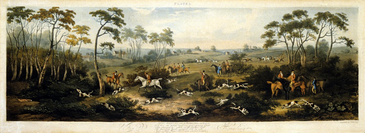 Rævejagt, plade 1, graveret af Thomas Sutherland (1785-1838) 1817 (farve litho) af Dean Snr. (after) Wolstenholme