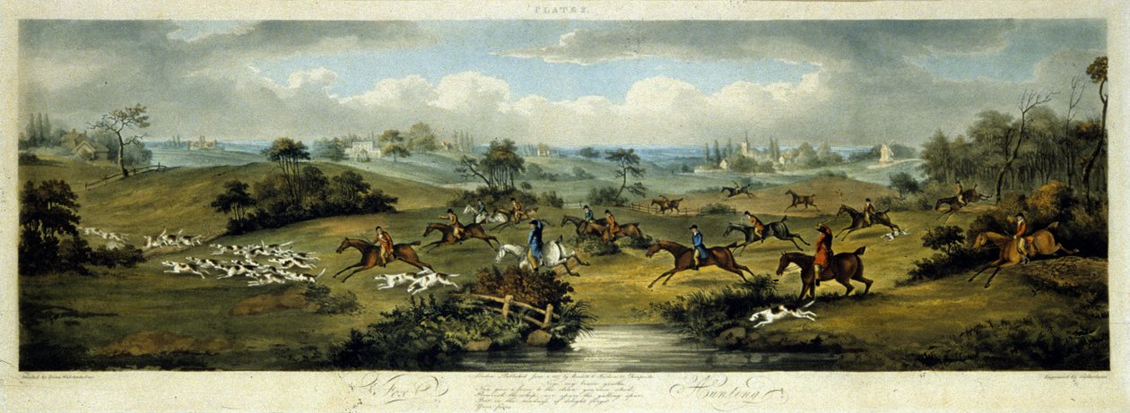 Rævejagt, plade 2, graveret af Thomas Sutherland (1785-1838) 1817 (farve litho) af Dean Snr. (after) Wolstenholme