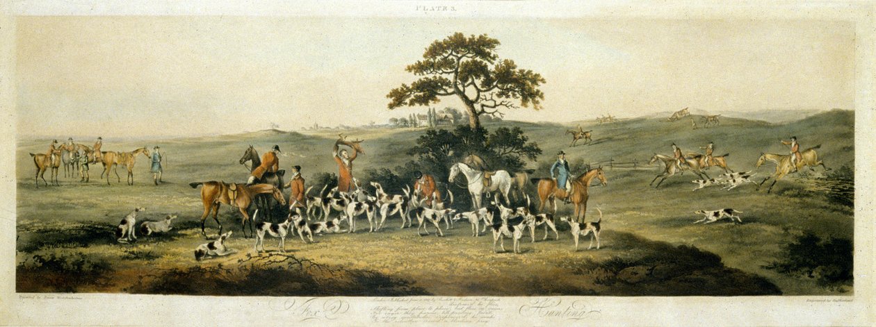 Rævejagt, plade 3, graveret af Thomas Sutherland (1785-1838) 1817 (farve litho) af Dean Snr. (after) Wolstenholme