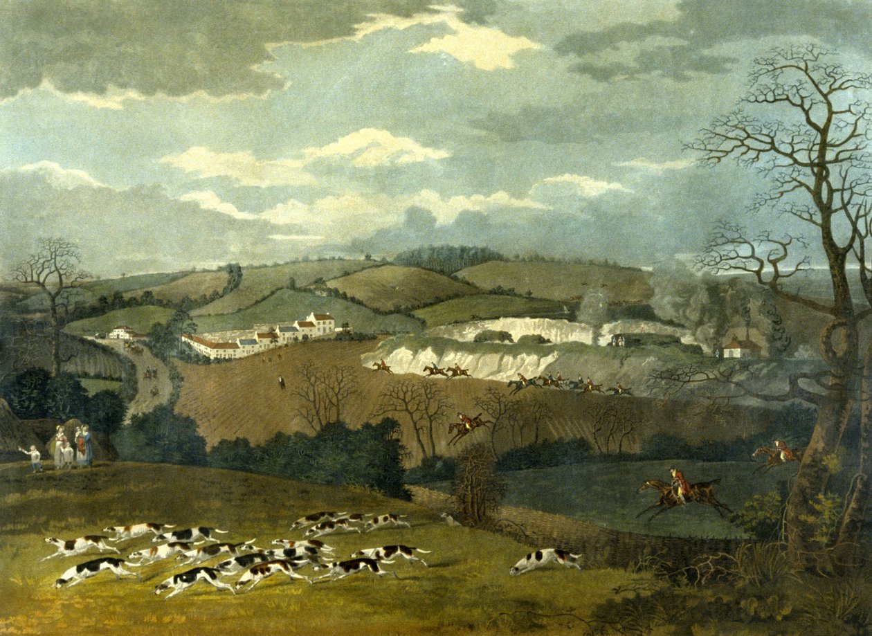 Full Cry, indgraveret af R.G. Reeve, ca. 1830 (farve litho) af Dean Snr. (after) Wolstenholme
