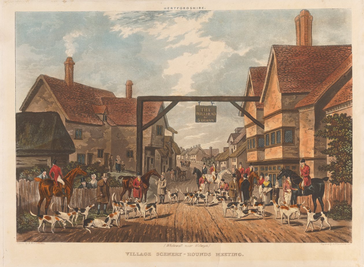 [Rævejagt] sæt på fire: Hertfordshire. 1. (Whitewell nær Welwyn) / Village Scenery - Hounds Meeting af Dean Wolstenholme