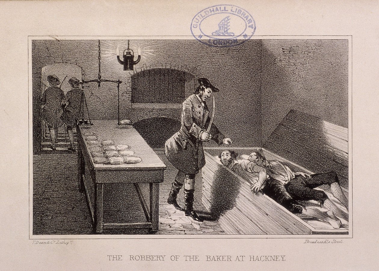 Scene for røveriet af en bager i Hackney, London, c1730 af Dean and Co