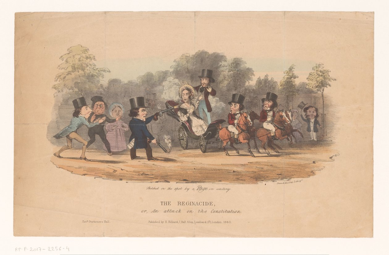 Aanslag op koningin Victoria, 1840 Reginacidet, eller et angreb på forfatningen (titel på objekt) af Dean and Munday