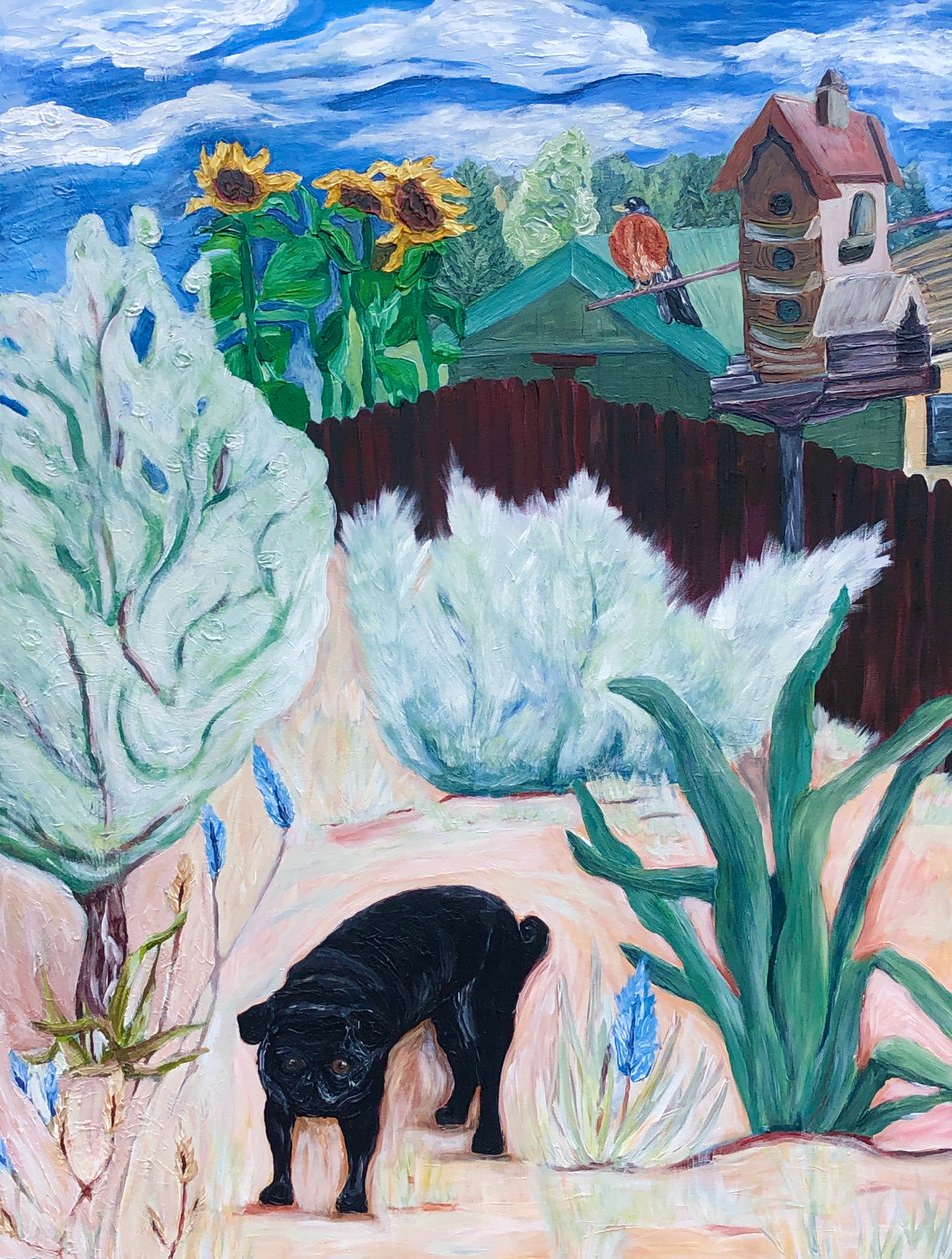 Backyard Pug, 2016 (akryl på lærred) af Deborah Eve Alastra