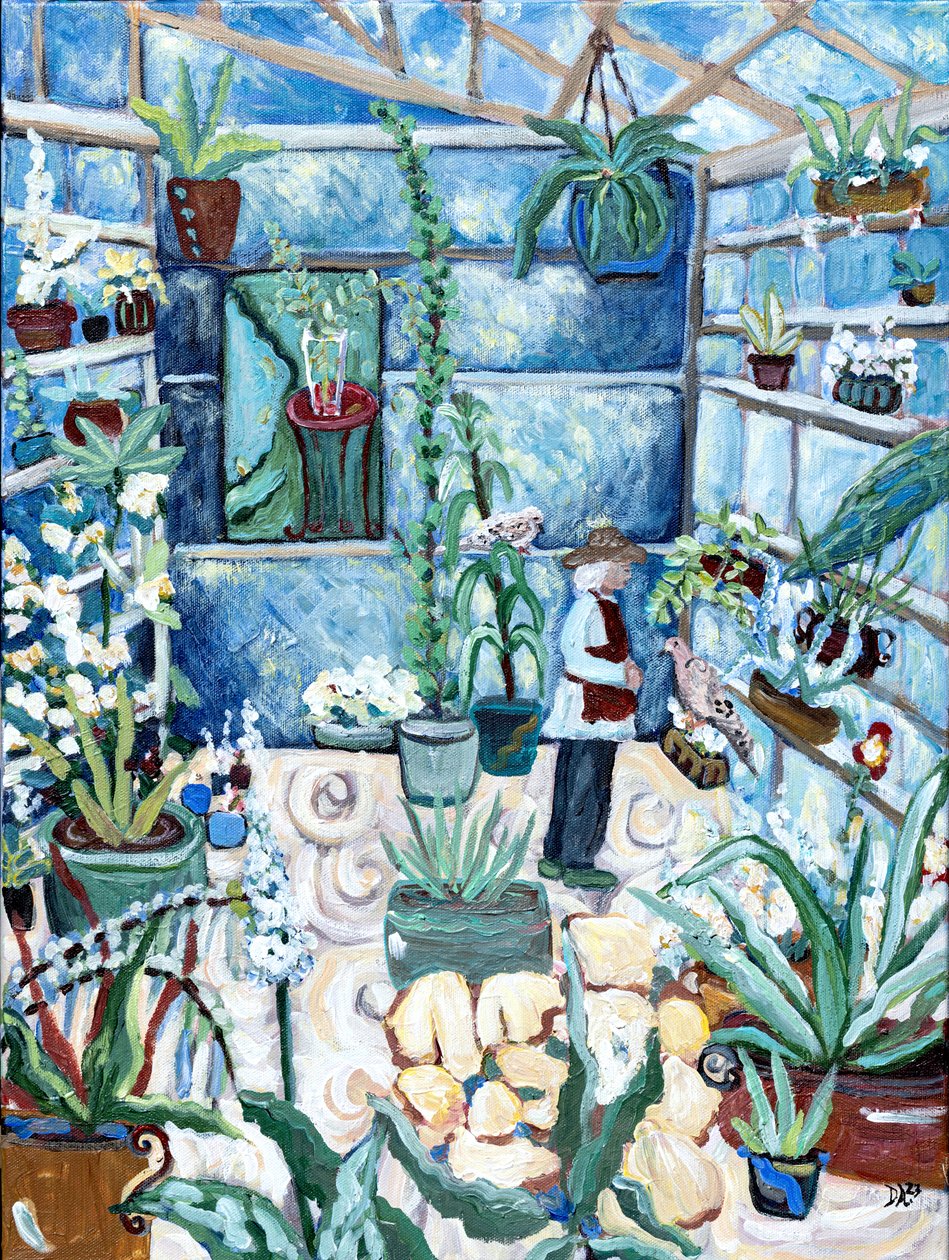 In the Green House, 2023 (akryl/medium på lærred) af Deborah Eve Alastra