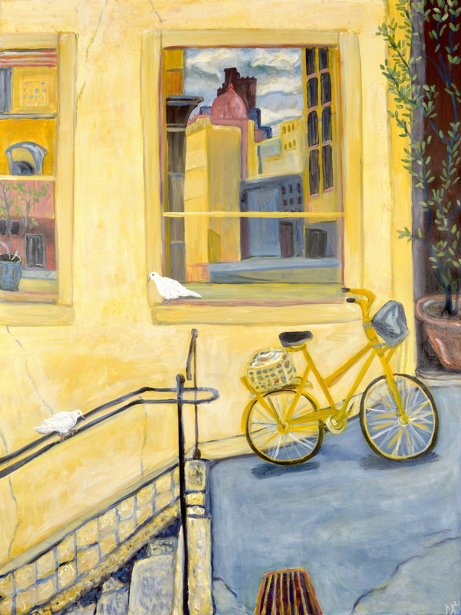 Yellow Bike, 2022 (akryl på lærred) af Deborah Eve Alastra