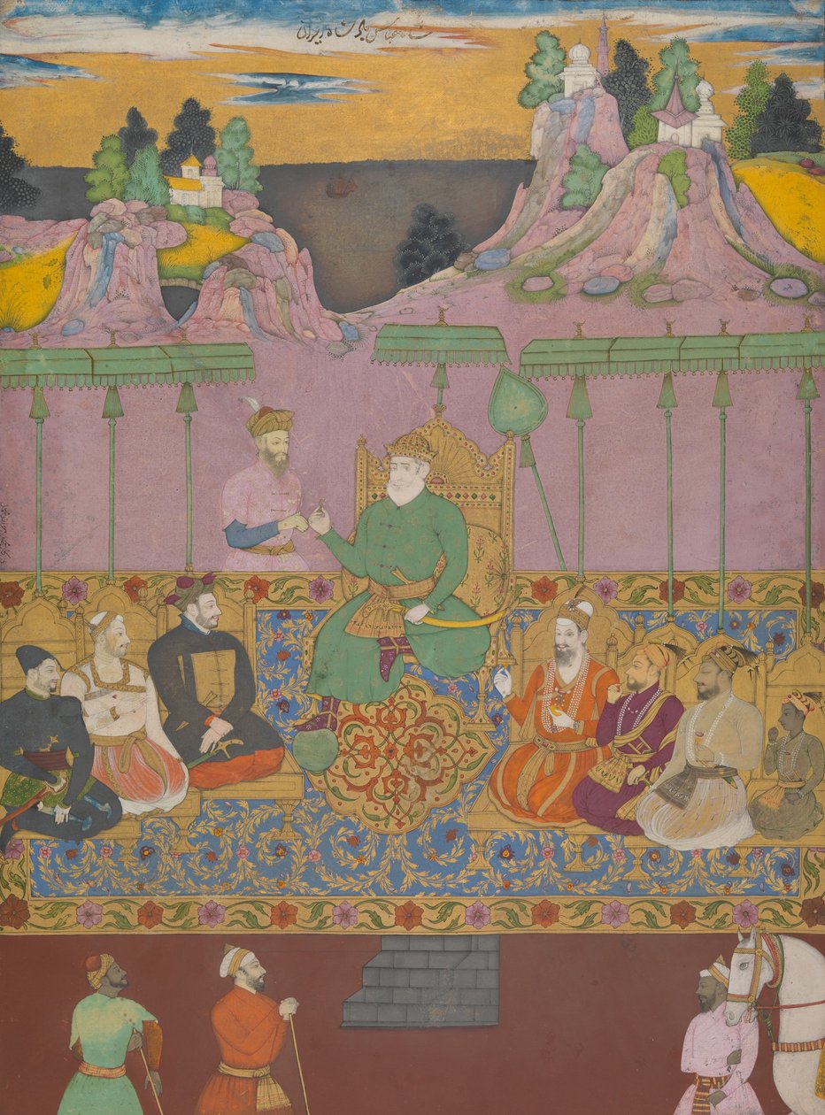 The House of Bijapur, ca. 1680 (blæk, uigennemsigtig akvarel, guld og sølv på papir) af Deccani School