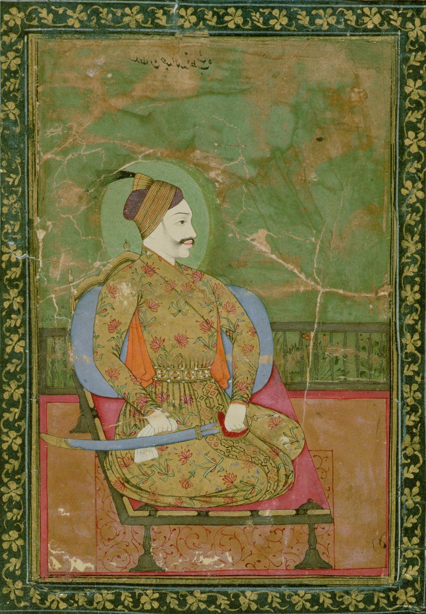 58.2025A Portræt af Sultan Abdullah Qutb Shah siddende, Golconda, 1670, (gouache på papir med guld- og blomsterguldmønstret kant) af Deccani School