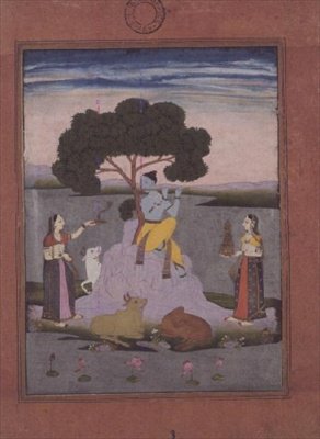BL kat. nr.428, fra et Johnson Album no. 20 punkt 3, Krishna spiller for to gopis, Hyderabad, ca. 1770 (gouache med guld, pink-tonet kant) af Deccani School