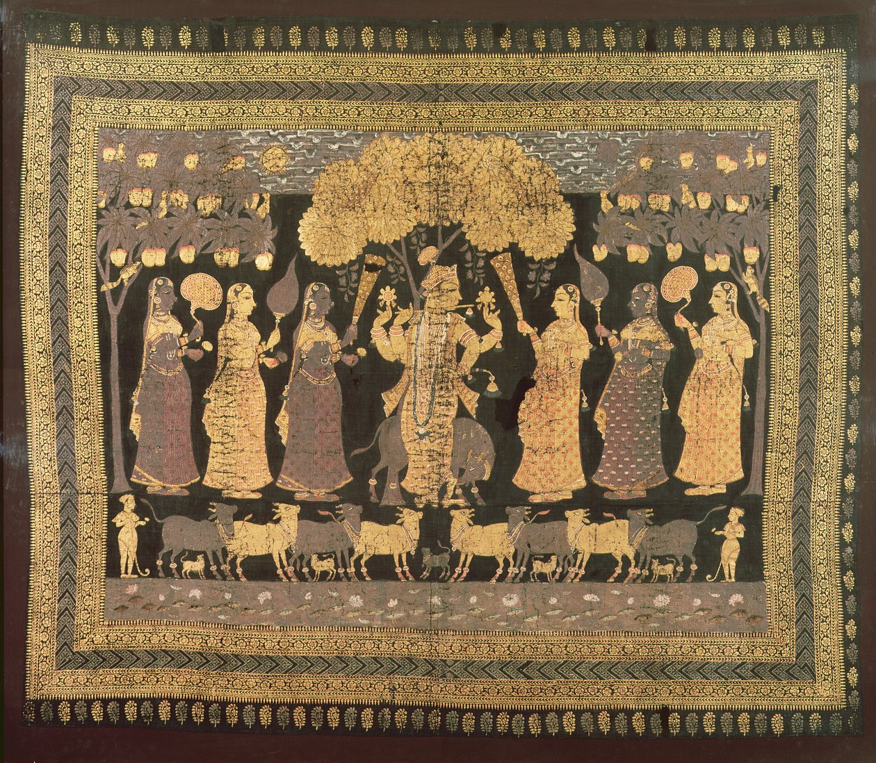 Krishna og hans Gopis (ugennemsigtig akvarel, guld og sølv på farvet bomuld) af Deccani School