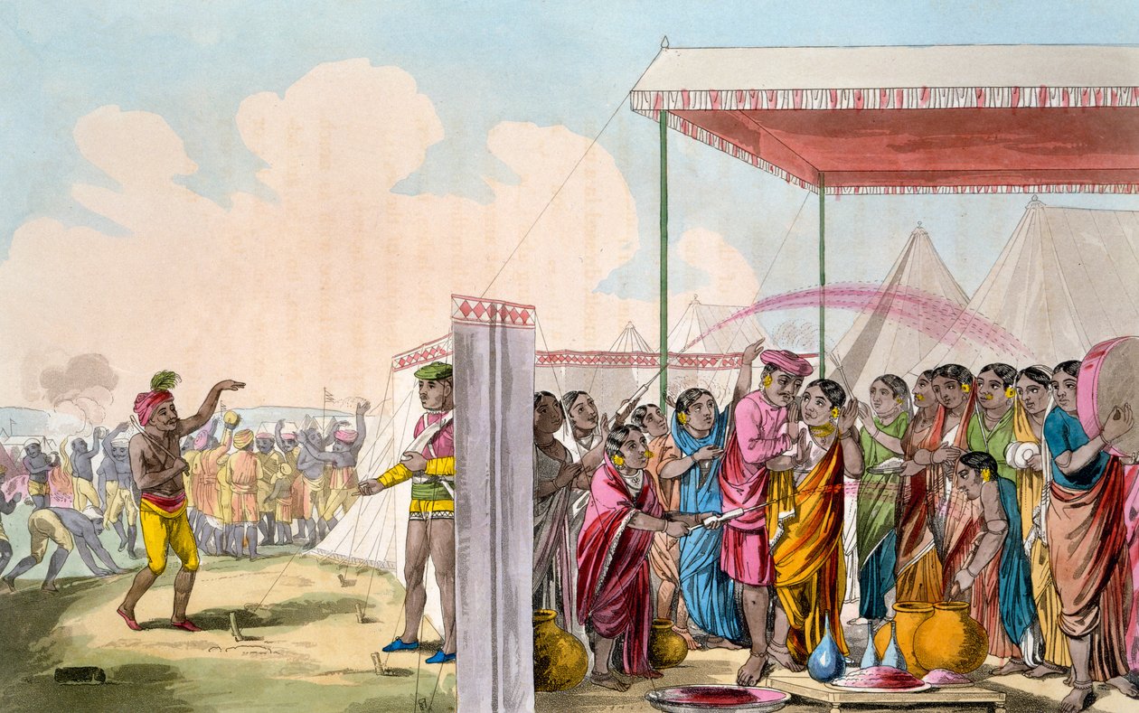 Spiller Hohlee, fra "The Costume, Character, Manners, Domestic Habits and Religious Ceremonies of the Mahrattas" af T. D. Broughton, radering af Baxter, 1813 af Deen Alee