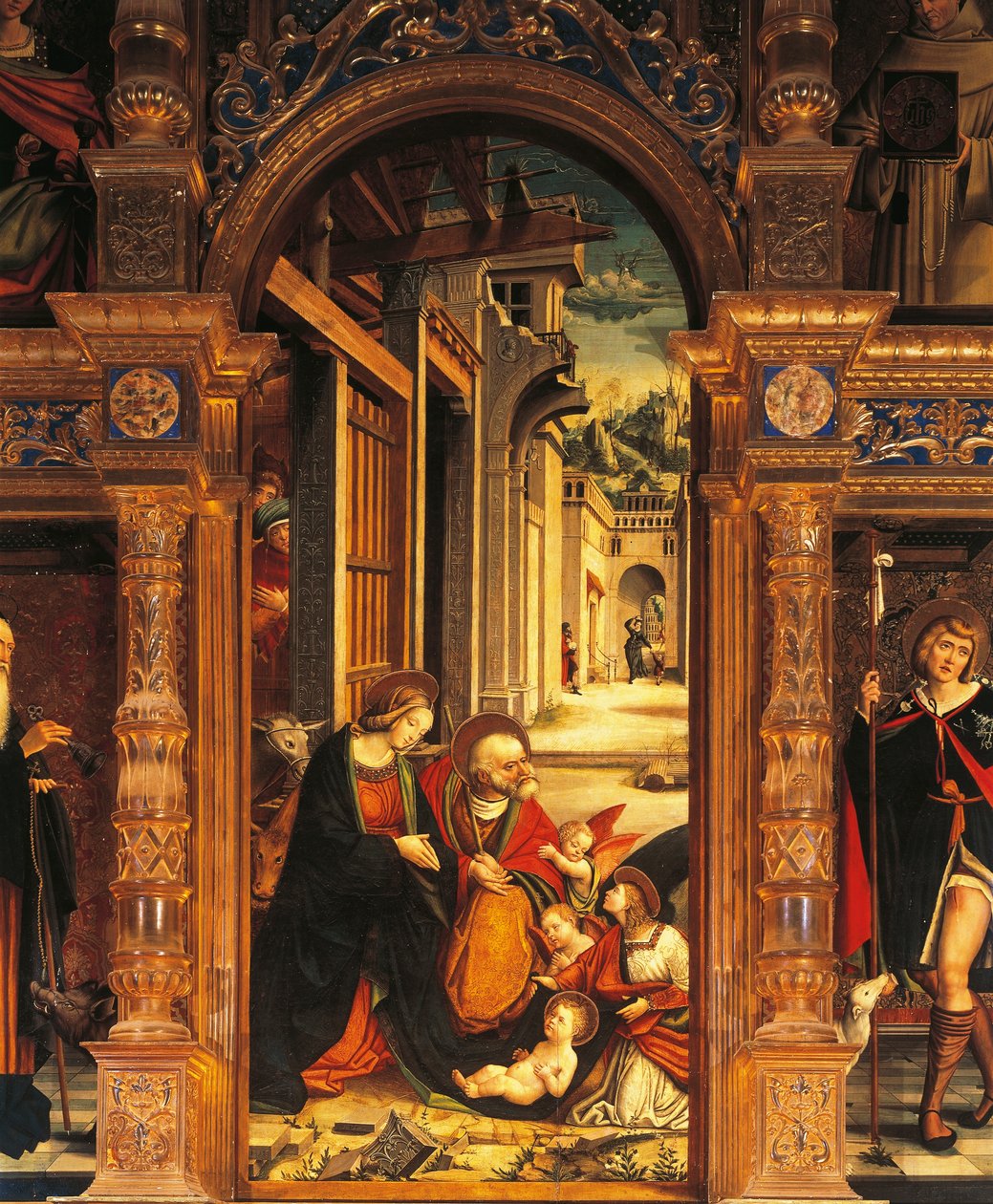 Fødselskirken, detalje fra altertavlen fra det 16. århundrede, af Defendente Ferrari (1480 eller 1485-1540), Abbey of St Anthony of Ranverso, Buttigliera Alta, Italien af Defendente Ferrari