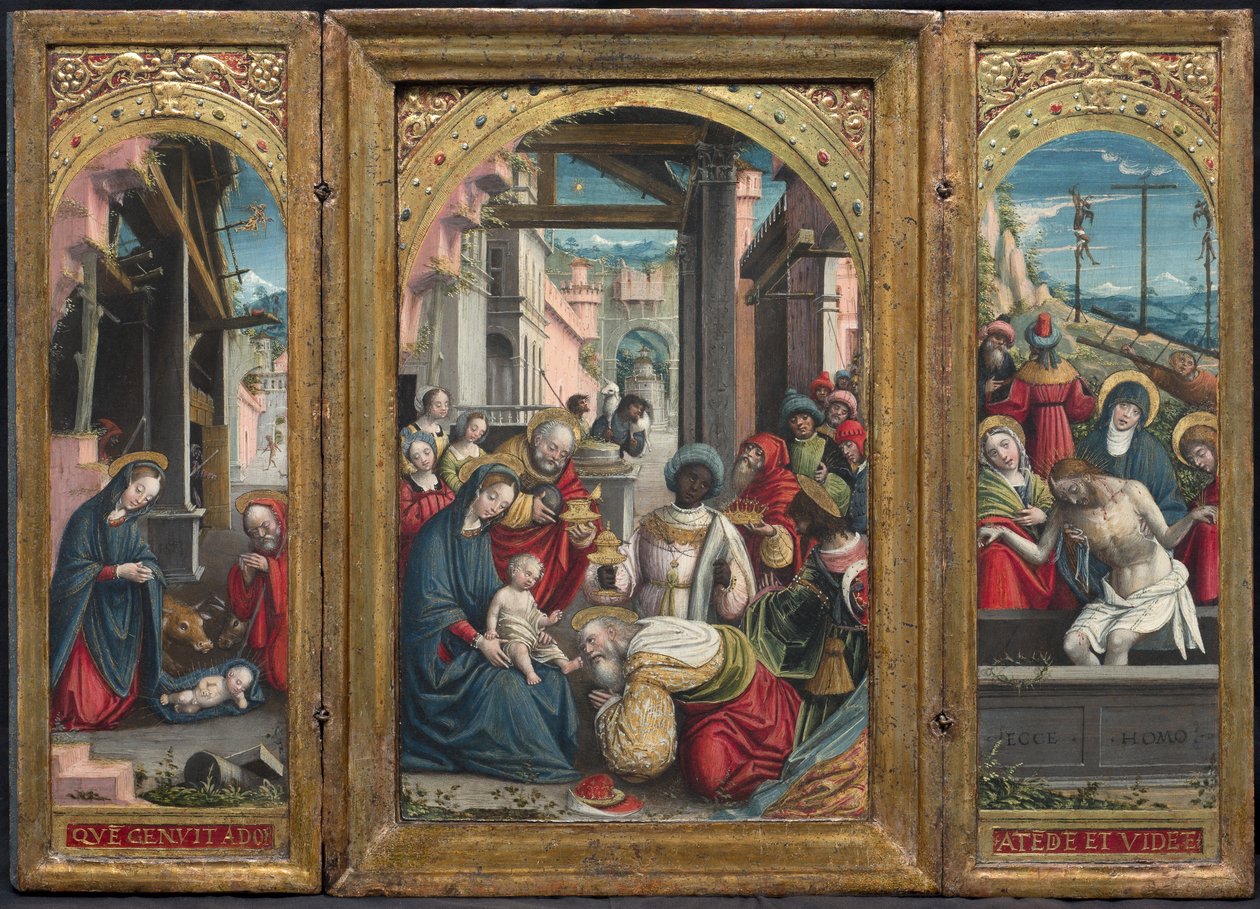 Triptykon med Fødselskirken i midten, til højre tilbedelsen af Magi, til venstre Kristi aflejring i graven, 1523 af Defendente Ferrari