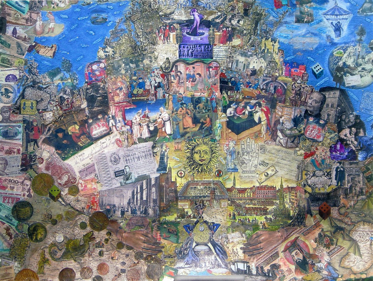 Death of Credit, 2010 (collage og blandede medier på lærred) af Deirdre Kelly