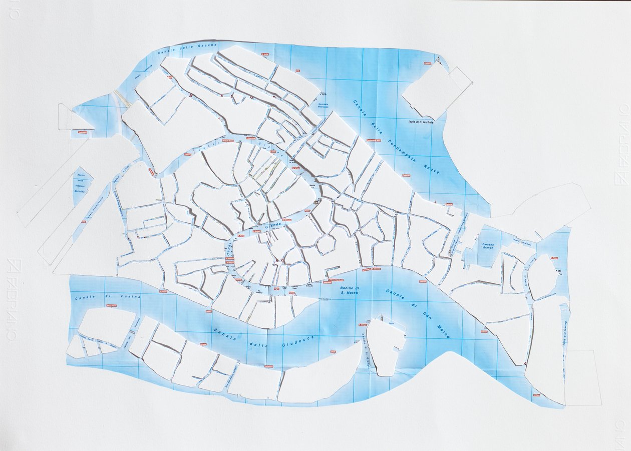 Venice Liquid Streets, 2008 (papirskåret collage) af Deirdre Kelly