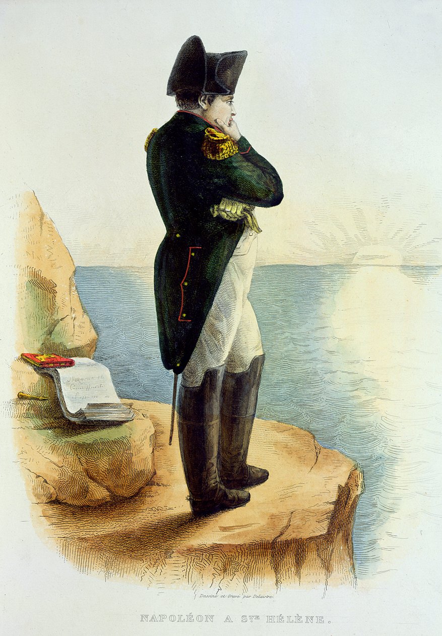 Napoleon på øen Sankt Helena, illustration fra Le Plutarque Francais af E. Mennechet, graveret af Delaistre, 1835 af Delaistre