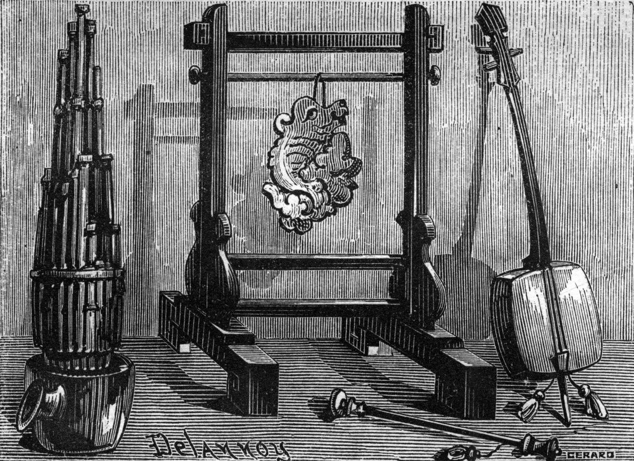 Kinesiske musikinstrumenter: orgel, lydsten og violin. af Delannoy Delannoy