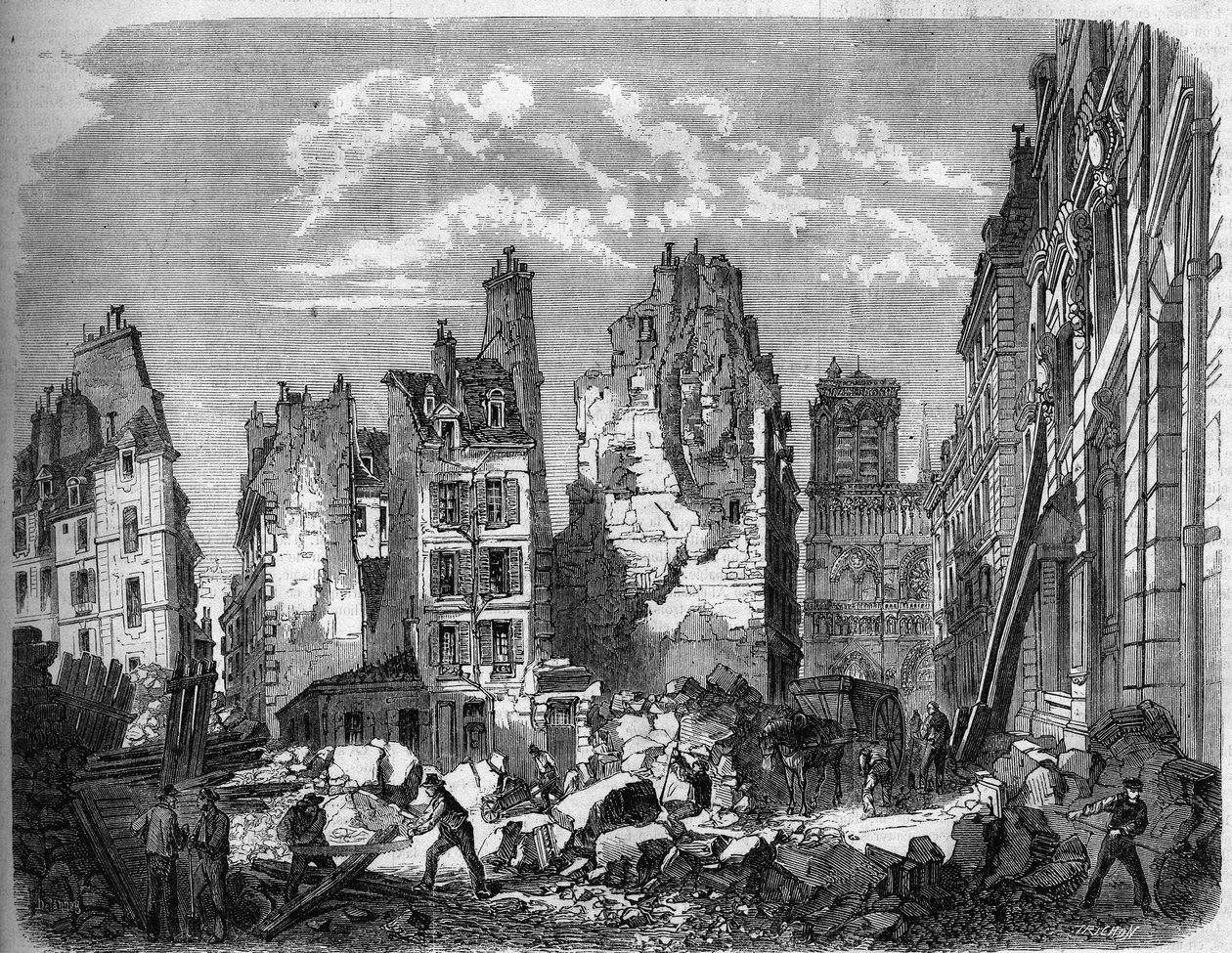 Transformationer af Paris under det andet imperium, Haussmann Paris. Ødelæggelse af en del af Ile de la Cité til udvidelse af Hotel Dieu, gravering efter en af Delannoy Delannoy