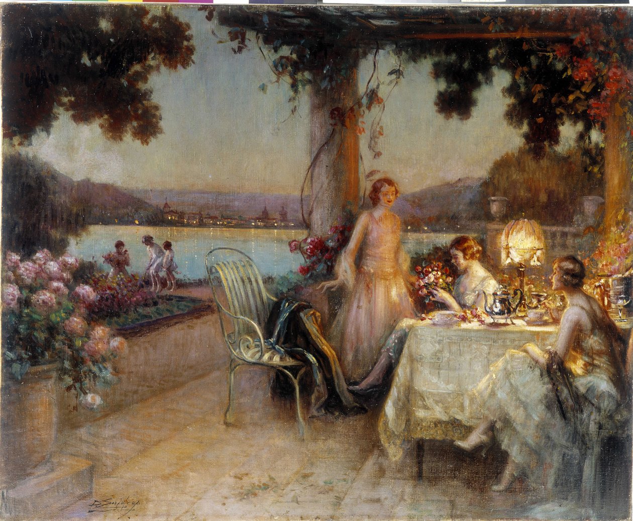 Om aftenen på terrassen. Maleri af Delphin Enjolras (1857-1945), Obligatorisk omtale: Samlingsstiftelsen angår de Provence. Marseille (cm 57x73) DR af Delphin Enjolras