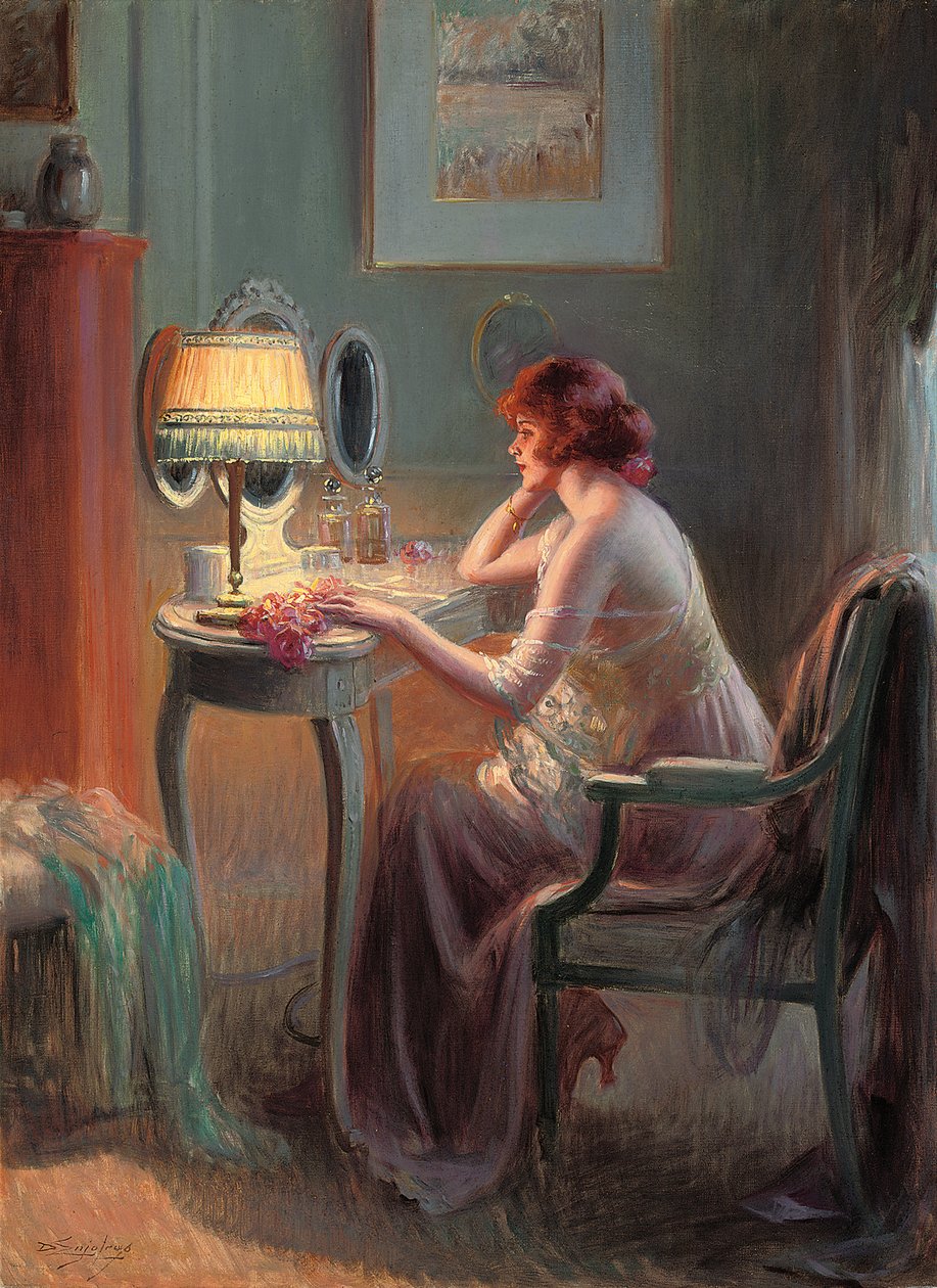 Reflections by Lamplight (olie på lærred) af Delphin Enjolras