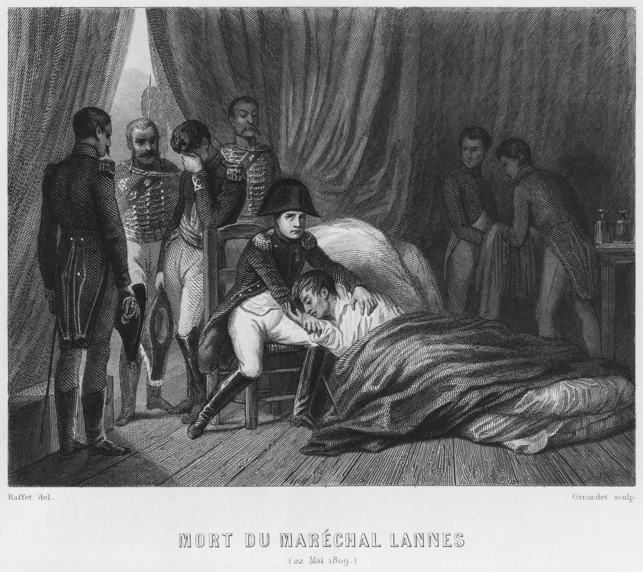 De sidste øjeblikke af marskal Lannes, hertug af Montebello, i slaget ved Essling den 22. maj 1809, indgraveret af Abraham Girardet (1764-1823) af Denis Auguste Marie Raffet
