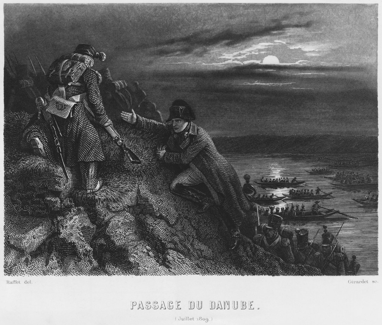 Napoleon I Bonaparte (1769-1821) krydser Donau om natten den 4. juli 1809, graveret af Abraham Girardet (1764-1823) af Denis Auguste Marie Raffet