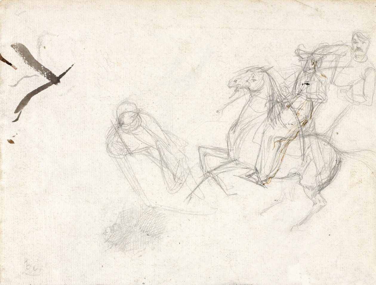 Studier af sergent Ewarts figur, Scots Greys, til maleriet, der viser hans fangst af den franske ørn i slaget ved Waterloo, 1815, ca. 1817 (blyant og blæk på papir) af Denis Dighton