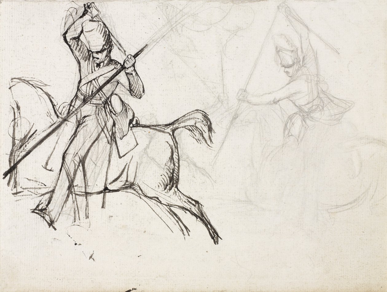 Studier af sergent Ewarts figur, Scots Greys, til maleriet, der viser hans fangst af den franske ørn i slaget ved Waterloo, 1815, ca. 1817 (blyant og blæk på papir) af Denis Dighton