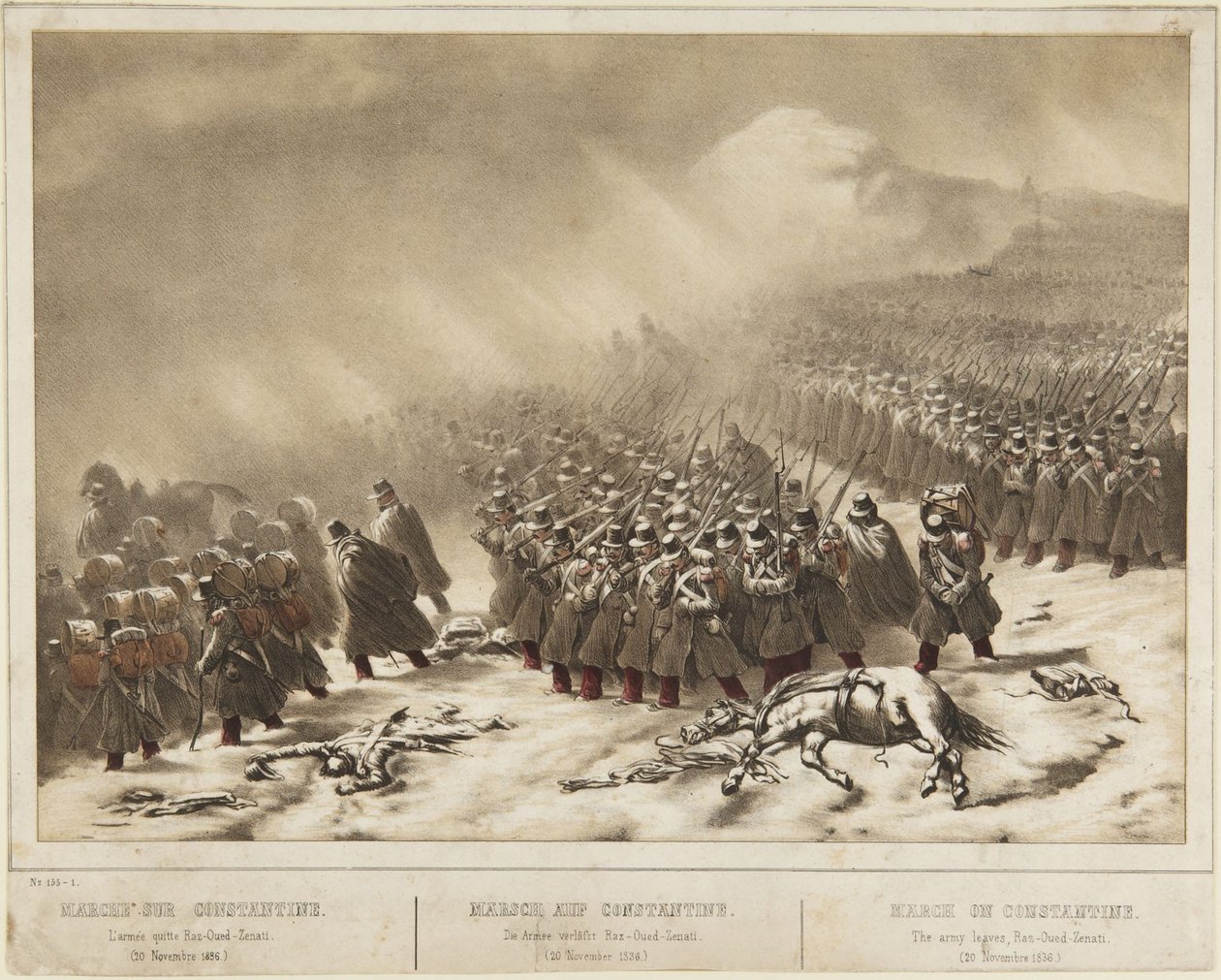 Fremrykning mod Konstantinopel: Hæren forlader Raz-Ourd-Zenati (20. november 1836) af Denis-Auguste-Marie Raffet