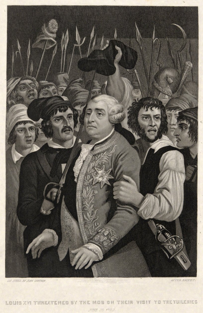 Ludvig XVI truet af pøbelen under deres besøg i Tuilerierne, 20. juni 1792, indgraveret af John Sartain (gravering) af Denis Auguste Marie (after) Raffet